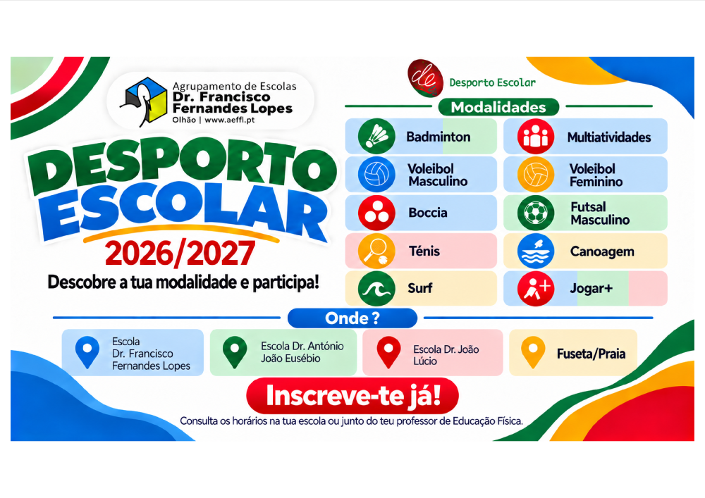 Cartaz Desporto Escolar 2026 2027 Cores por Local